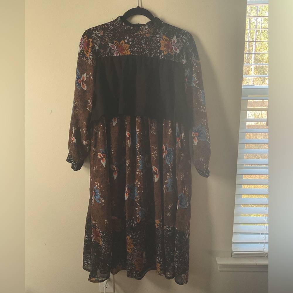 Brown and Black High neck Floral Dress with Ruffle Detail